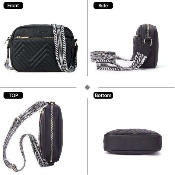 Quilted Vegan Leather Crossbody Black Bag Women Wide Strap and Shoulder Use - Picture 6 of 8